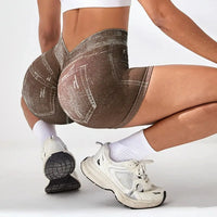 Women V back Shorts Faux Jeans Elastic Workout Sports Yoga Pants Butt Lifting Leggins Fitness Athletic Short Tights Seamless