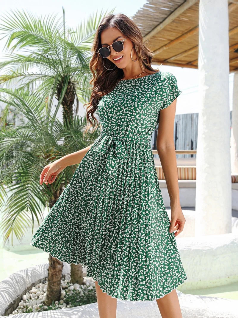 Elegant Floral Print Pleated Dresses Women Summer Dress YEMOGGY 2022 New Slim Casual High Waist Lace Up Midi Short Sleeve Dress