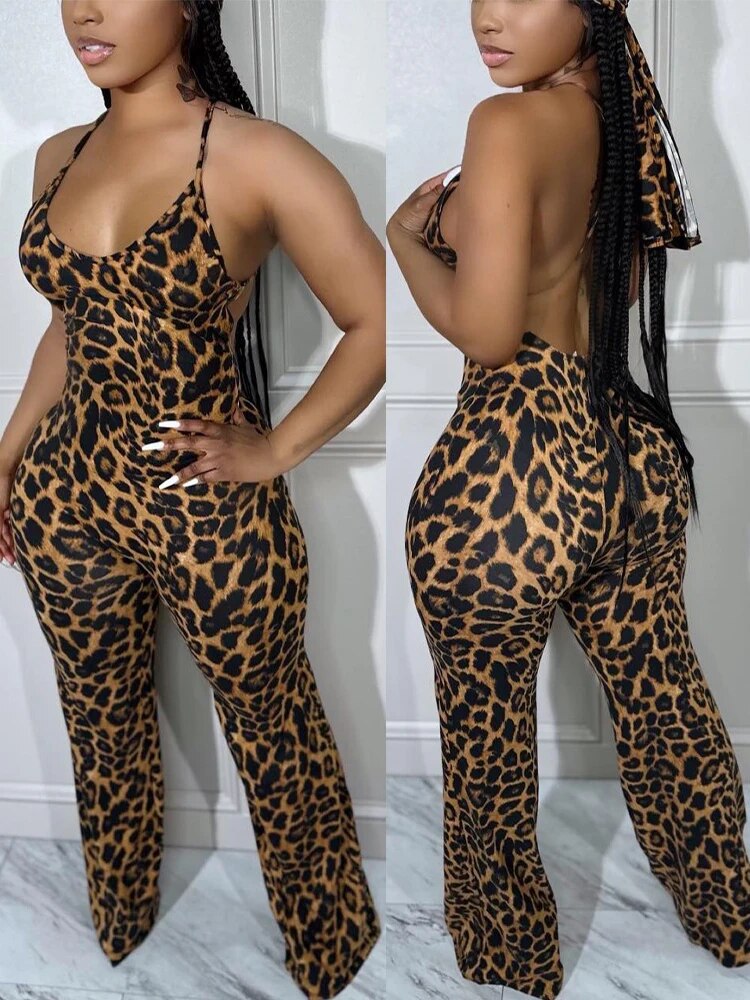 Sexy Leopard Print Spaghetti Strap Backless Jumpsuit V-Neck Night Out Daily