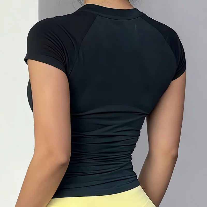 HISTELLO Sport Short Sleeve Top Women Gym Yoga Top Workout Clothes Sports T Shirt Fitness Activewear Running Tight Tops