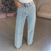 Women's full diamond washed denim jeans women's high-end high waisted straight leg pants spicy pants