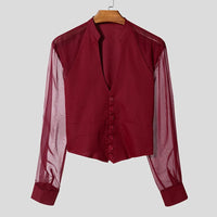 INCERUN Men Shirt Mesh Patchwork V Neck Long Sleeve Transparent Sexy Casual Male Shirts Streetwear Fashion Party Camisas 2025