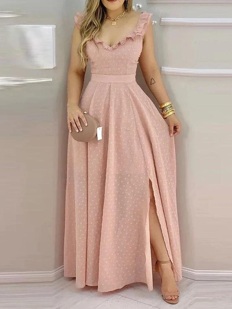 Women's Yellow Polka Dot Maxi Dress Ruffled Neckline Back Tie Side Slit Ideal for Summer Vacations and Bohemian Gatherings