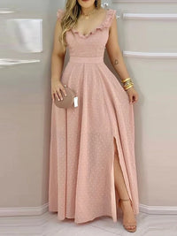 Women's Yellow Polka Dot Maxi Dress Ruffled Neckline Back Tie Side Slit Ideal for Summer Vacations and Bohemian Gatherings