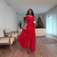 Stylish Evening Sexy Club Party Holiday Maxi Dress for Women Elegant Skew Neck One Sleeve Off Shoulder Mesh Slit Long Dresses