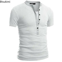 2026 Men's Summer Casual Shirts Solid V-neck Button Slim Fit T-Shirts for Men Fashion Short Sleeve Tees Tops Men Clothing S-3XL