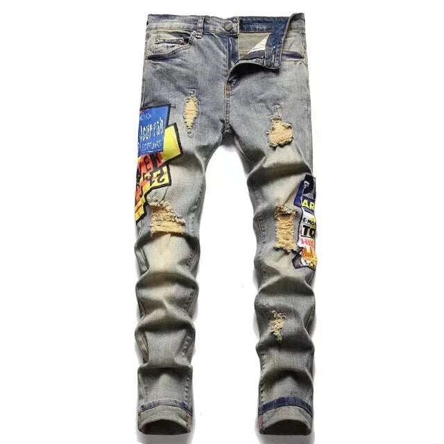 Fashion Brand Men Crystal Stretch Denim Jeans Streetwear Painted