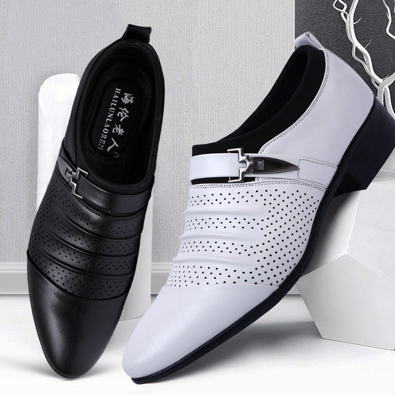 Summer Black Brown White Men Leather Shoes Mens Pointed Toe Dress Shoes High Quality Formal Slip On Hollow Out Sandals Man h78