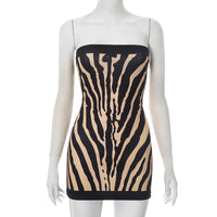 Zebra Striped Strapless Backless Women Mini A Line Dress Outfits Autumn Winter Off Shoulder Sleeveless Bodycon Dresses Vestido
