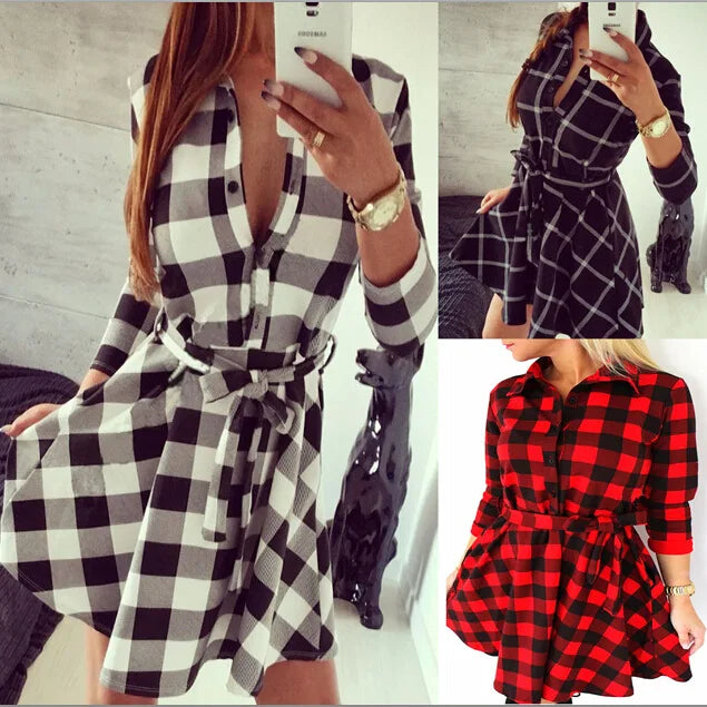 Autumn Winter Women Casual Dress Plaid Print Shirt Dress High Waist Casual Slim Dress Vestidos With Belt Dress Elegant Dresses