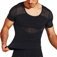Mens Mesh Shirts Body Shaper Short Sleeve Compression Belly Slimming Undershirt Shapewear Workout Abs Abdomen Tummy Control Tops
