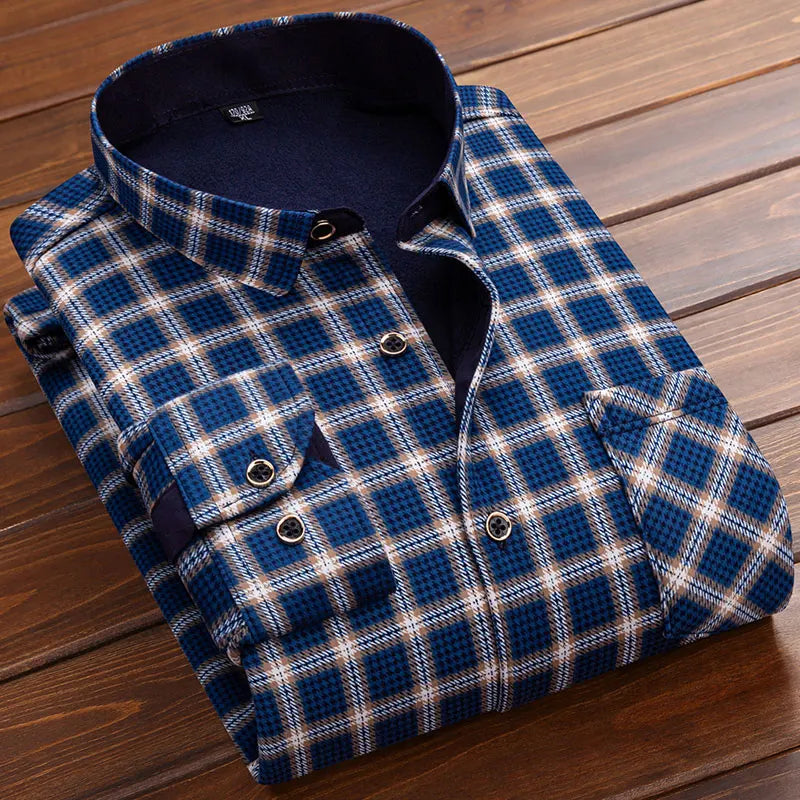 2025 Men's Autumn Winter Casual Fleece Plaid Shirt Fashion Soft Warm Turn Down Collar Long Sleeve Shirt Male High-Quality Tops