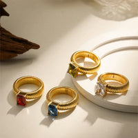18K Gold Plated Waterproof Multi-color Crystal Chunky Striped Texture Rings Delicate Shiny Square Zircon Wed Ring Punk Jewelry