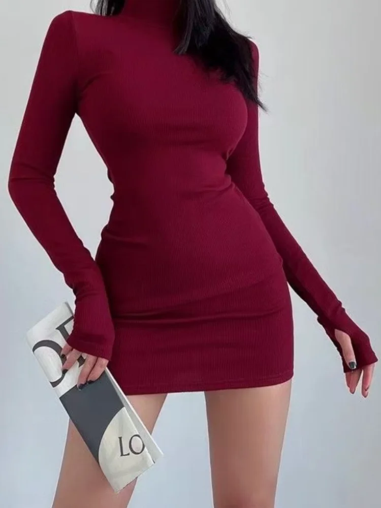 Red Half Turtleneck Mini Dress Women Y2K Long Sleeve Sexy Slim Bodycon Dress Fall Winter Ladies Streetwear Party Club Vestidos