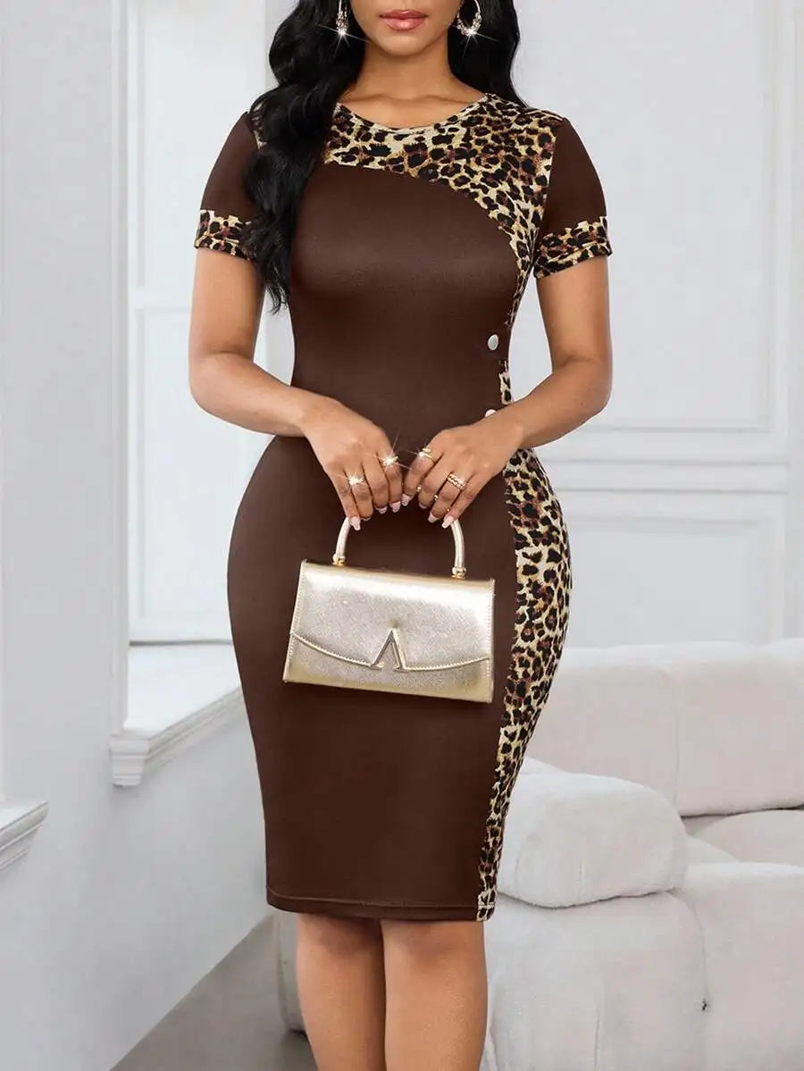 Brown & Leopard Print Round Neck Fitted Midi Dress with Button Detail