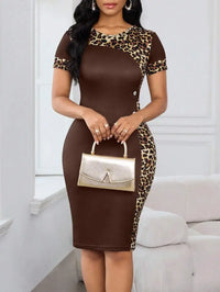 Brown & Leopard Print Round Neck Fitted Midi Dress with Button Detail