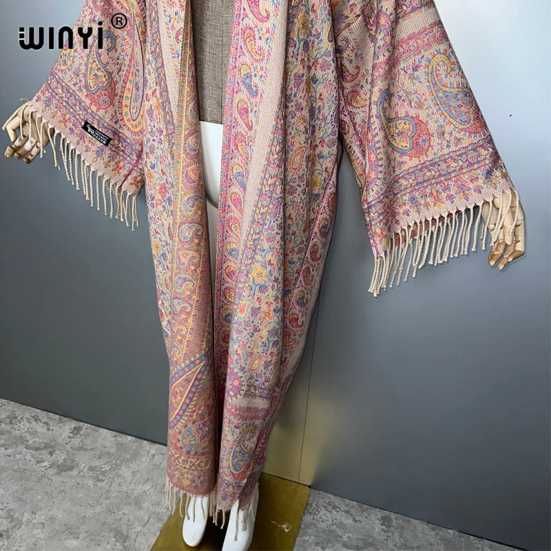 WINYI print tassel winter long cardigan African women winter kimono OverCoat abaya muslim dubai luxury Open Front party dress