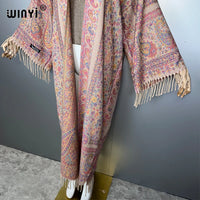WINYI print tassel winter long cardigan African women winter kimono OverCoat abaya muslim dubai luxury Open Front party dress