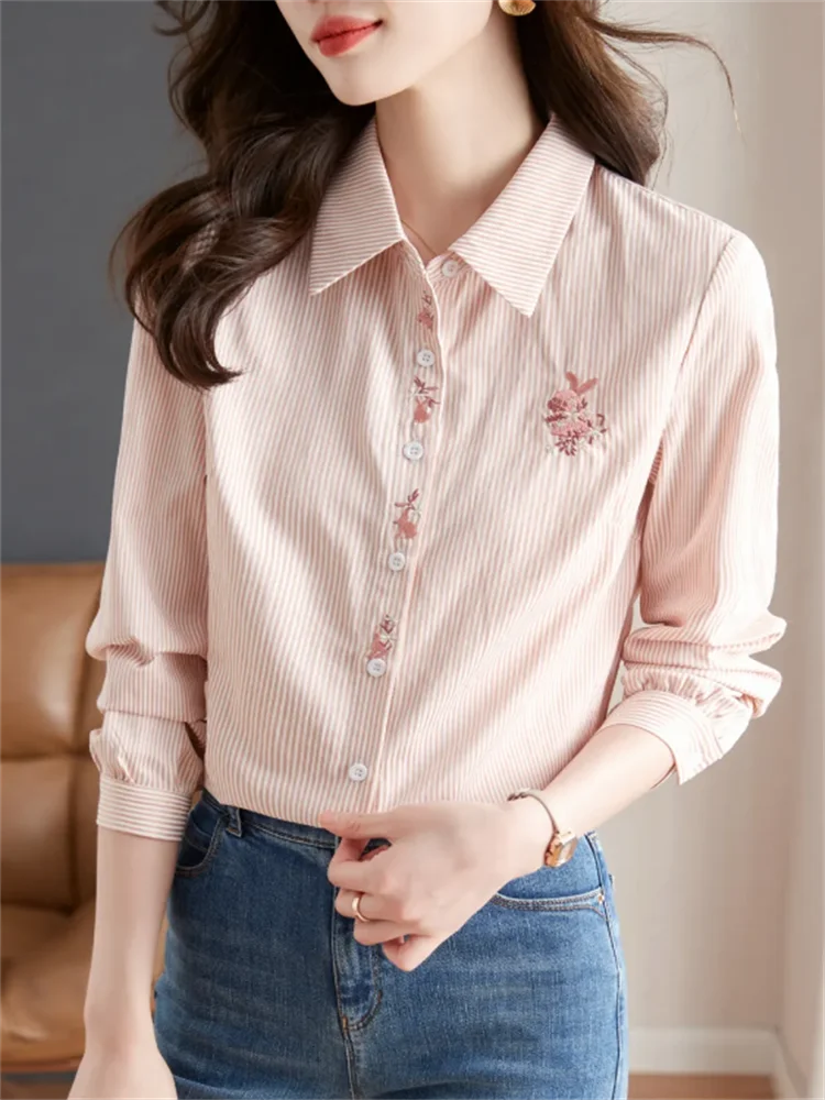 Spring Women Blouses Embroidered Shirt Pink Tops For Woman Clothes Blous Striped Shirt Cardigan Blouses Laple Long Sleeve Shirt