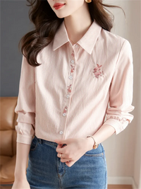 Spring Women Blouses Embroidered Shirt Pink Tops For Woman Clothes Blous Striped Shirt Cardigan Blouses Laple Long Sleeve Shirt