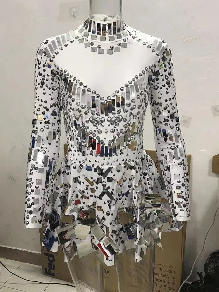 Bestselling Mirror Party Evening Dress Women Long Sleeve Stretch Mini Dress  Party Prom Women's Celebrate Dress Stage Costumes