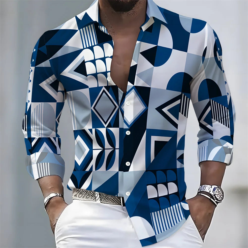 European and American style color-blocked geometric abstract print men's long-sleeved shirt, versatile top for spring and autumn