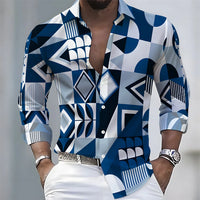 European and American style color-blocked geometric abstract print men's long-sleeved shirt, versatile top for spring and autumn