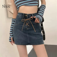 Women Denim Shorts Skirt Harajuku Vintage Elasticity Bandage High Waist Jeans Skirt Fashion Bottoms Streetwear Y2K Clothes