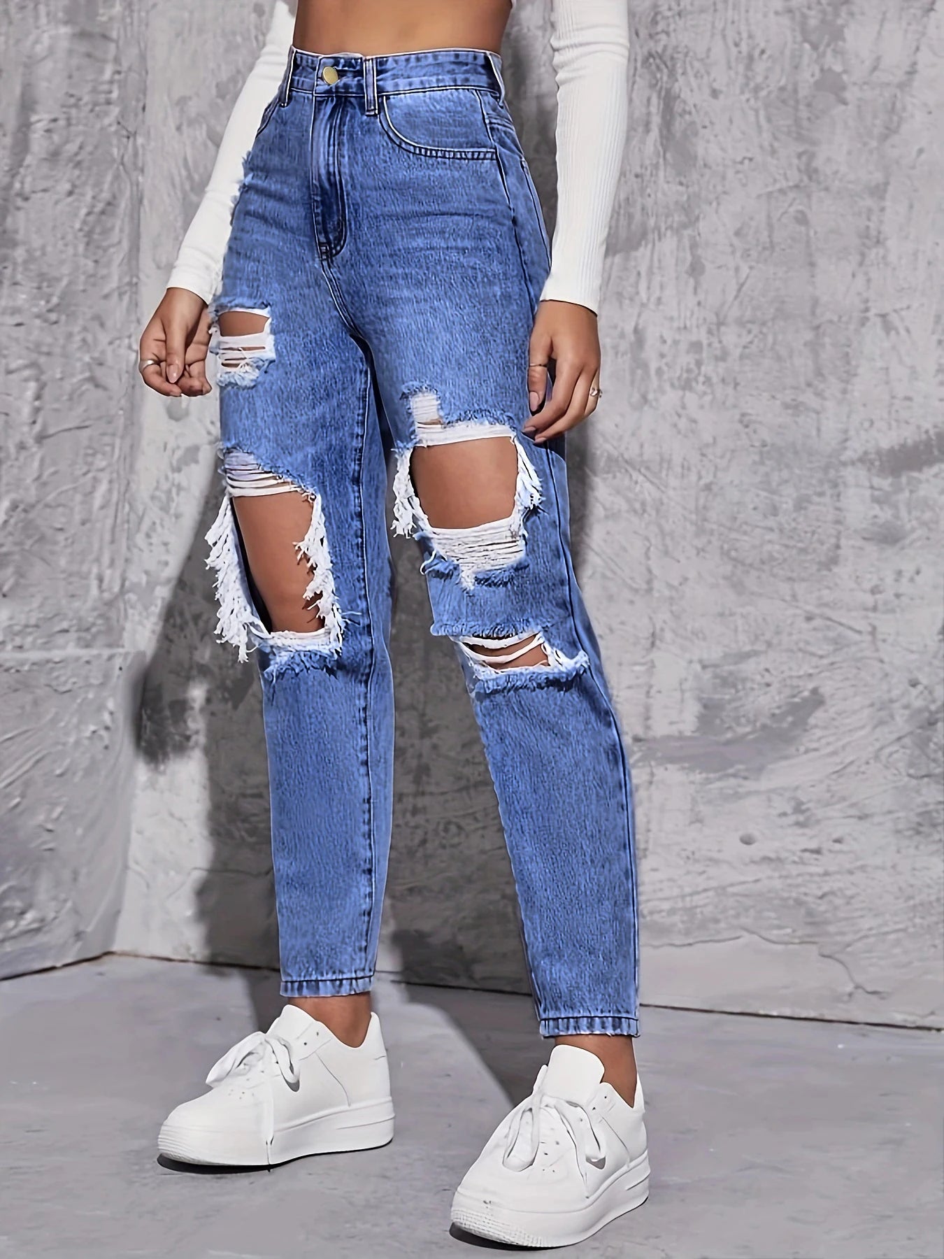 American Retro Hole-punched Jeans Women High Waist Straight-crotch Loose Slim Design High-street Vibe Wide-legged Dragging Pants
