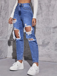 American Retro Hole-punched Jeans Women High Waist Straight-crotch Loose Slim Design High-street Vibe Wide-legged Dragging Pants