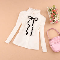 Spring Fall Cotton Ruffles Blouses for Children Teenage School Girls Bow Pure White Shirts Toddler Long Sleeve Tops Baby Clothes