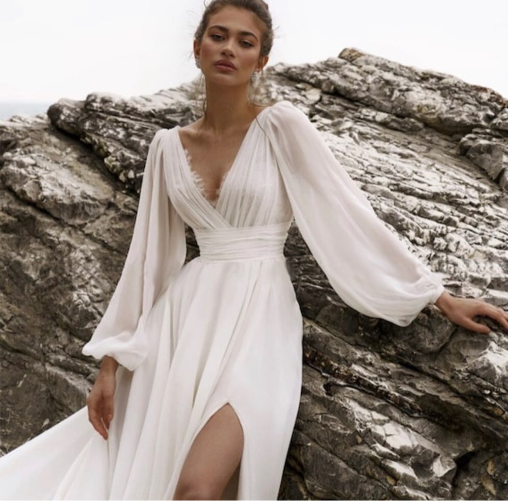 Sumnus White Chiffon Beach Wedding Dreses Full Sleeve Sexy High Split Bride Dress Backless Simple Boho Long Wedding Bridal Gowns