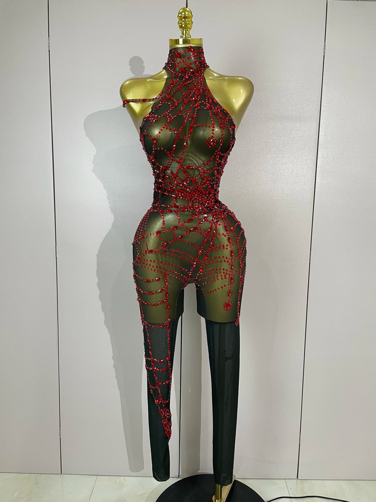 STOCK 2025Women Sparkly Diamond Sexy Mesh Jumpsuit Nightclub Bar Party Show Gogo Dancer Clothing Drag Queen Outfit Stage Costume