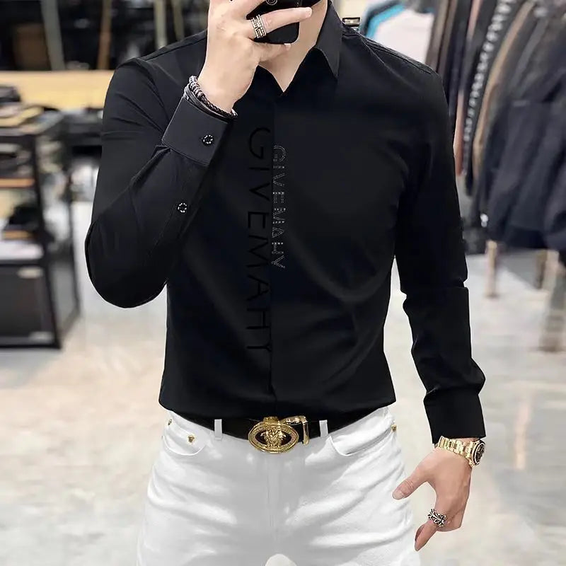 Spring And Summer Letter Shirt for Men Cotton Long Sleeve Casual Shirts Fashion Luxury Social Business Dress Shirts