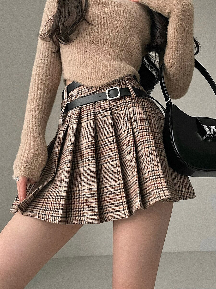 WOMENGAGA Preppy Style High Waist Slim Double Belt Slip Plaid Pleated Skirt Fashion Sexy Korean Women JK Skirts Sweet X8WN