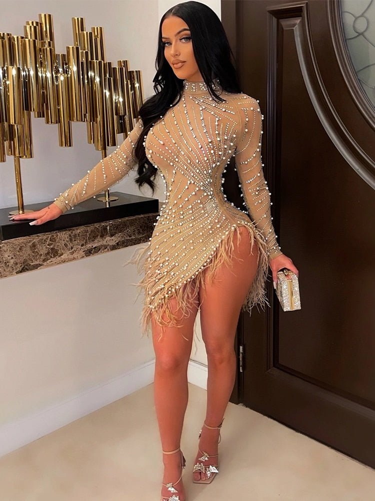 Sexy Glitter Dress Women Rhinestone Hot Drilling Long Sleeve Dress Mesh See Through Tassels Bodycon Party Club Night Mini Dress