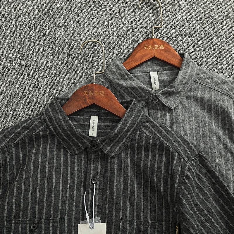 Spring Vertical Striped Brushed 100% Cotton Washed Casual Long Sleeve Shirt Men's Retro Top Versatile Soft Workwear Shirt Coats
