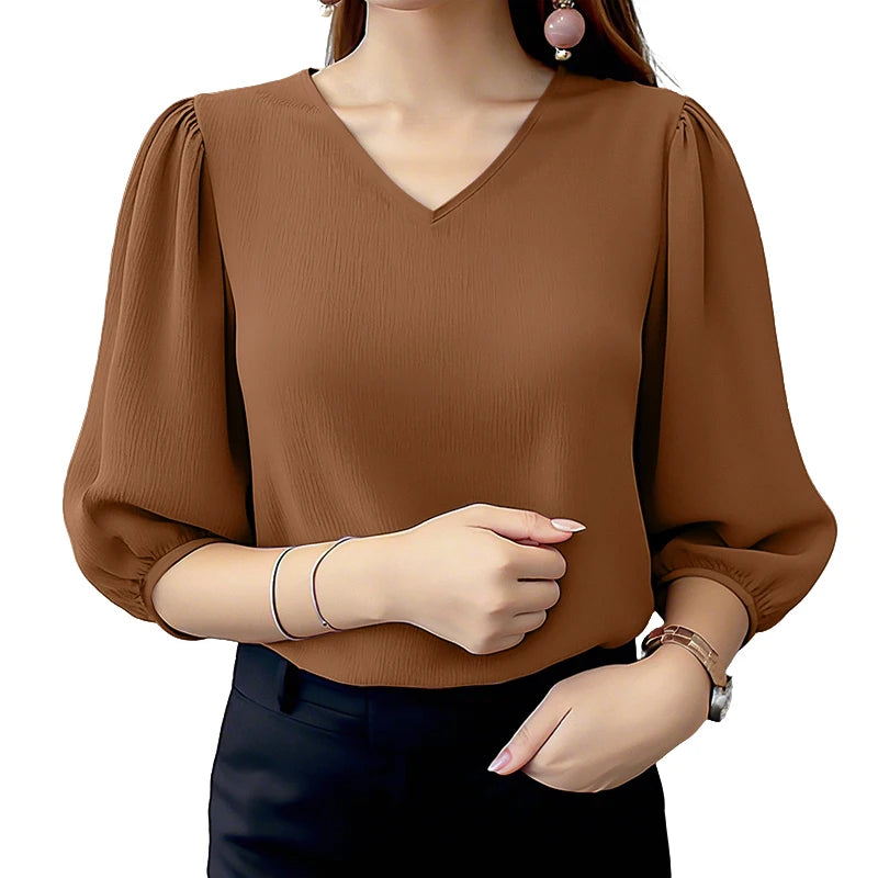 ZANZEA Women Crinkled Texture Puff Sleeve Blouse, Elegant O Neck 3/4 Sleeve Blusas Mujer, Summer Fashion Solid Color Casual Tops