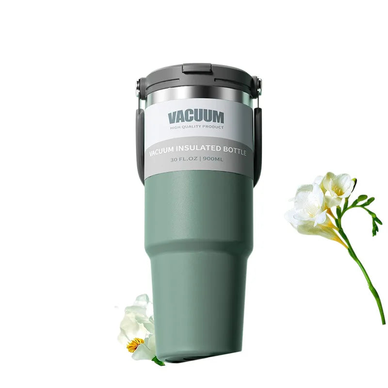 Portable Stainless Steel Thermal Cup , Large Capacity, Handheld with Dual Drinking Straw, Insulates Hot & Cold,Ideal for