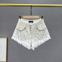 Diamond-Embedded Denim Shorts Women's Fashionable 2023 New Summer High Waist Loose Slimming Raw Hem Wide Legs Short Hot Pants