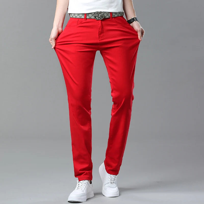 New High Quality Men's Trend Yellow Red White Jeans 2024 Spring Autumn Male High Waist Casual Pants Classic Brand Denim Trousers