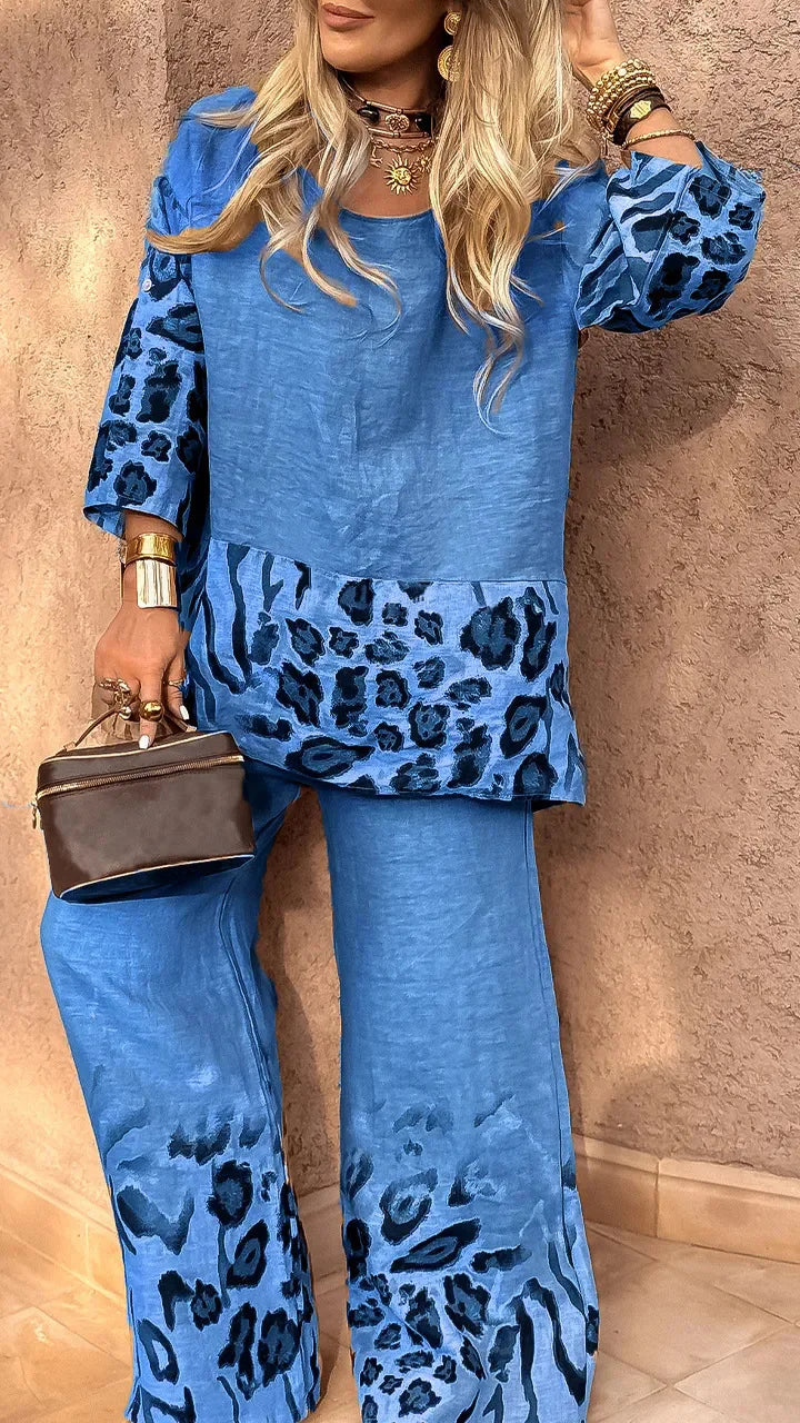 Fashion Leopard Print Set Lady Casual O Neck Three Quarter Tops+Wide Leg Pants Pieces Set For Woman Holiday Womens Clothing 2025