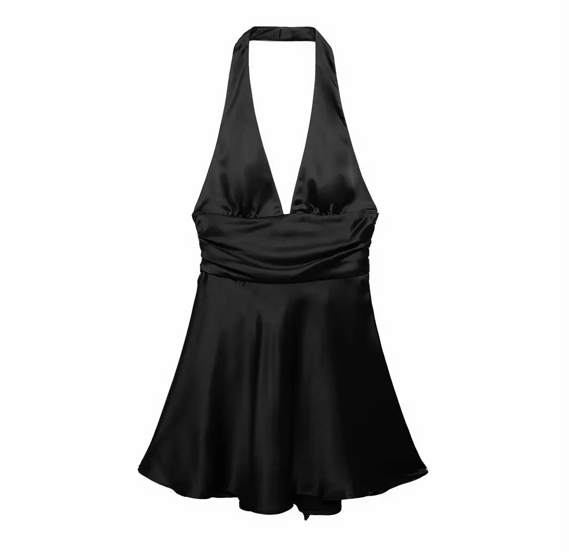 TRAFZA Sexy Solid Mini Women Dress Fashion 2024 Summer Satin Halter Bow Tie Dress Elegant Female Dress Beach Holiday Party Dress