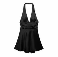 TRAFZA Sexy Solid Mini Women Dress Fashion 2024 Summer Satin Halter Bow Tie Dress Elegant Female Dress Beach Holiday Party Dress