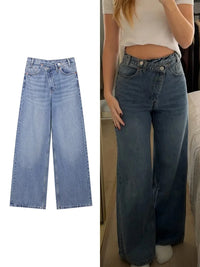 women's asymmetric design high-waisted wide-legged jeans new basic models versatile fashion straight trousers trousers