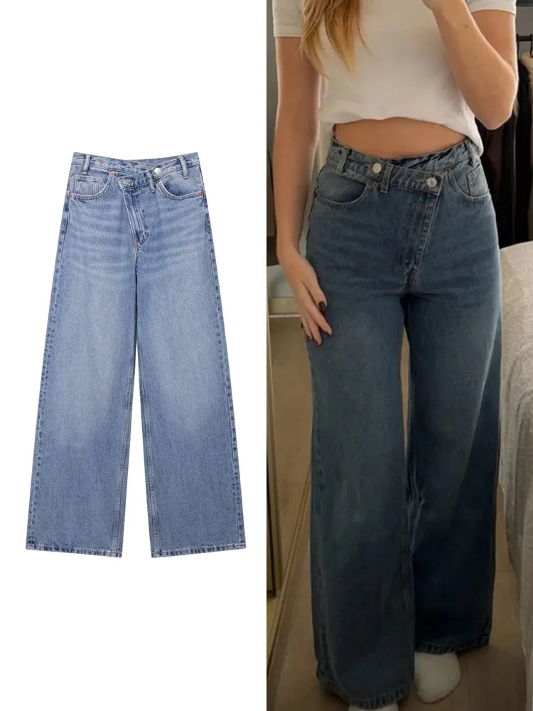 women's asymmetric design high-waisted wide-legged jeans new basic models versatile fashion straight trousers trousers