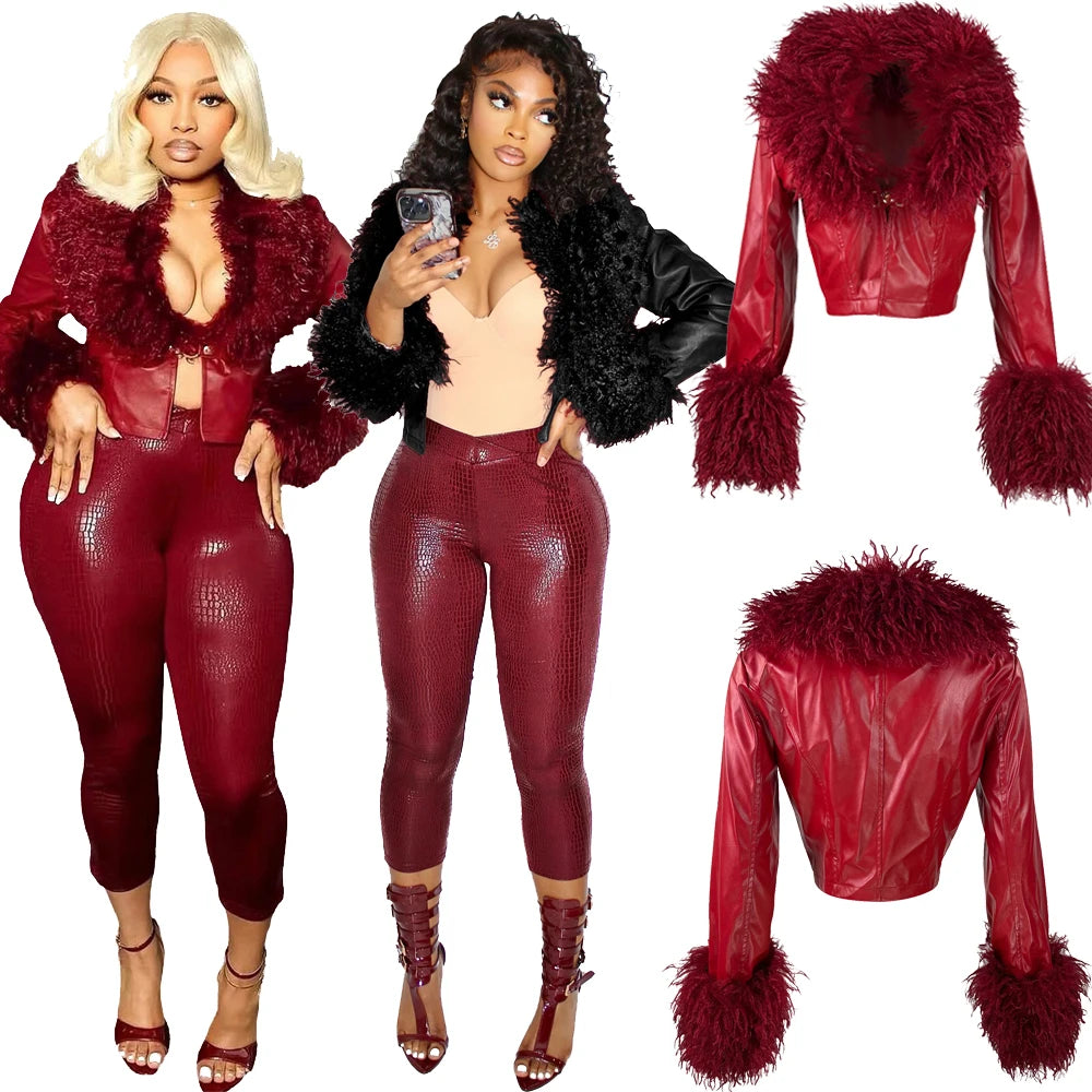 Autumn Winter PU Leather Cropped Jacket with Faux Fur Collar Women Casual Long Sleeve Buckle Coats New Fashion Female Streetwear