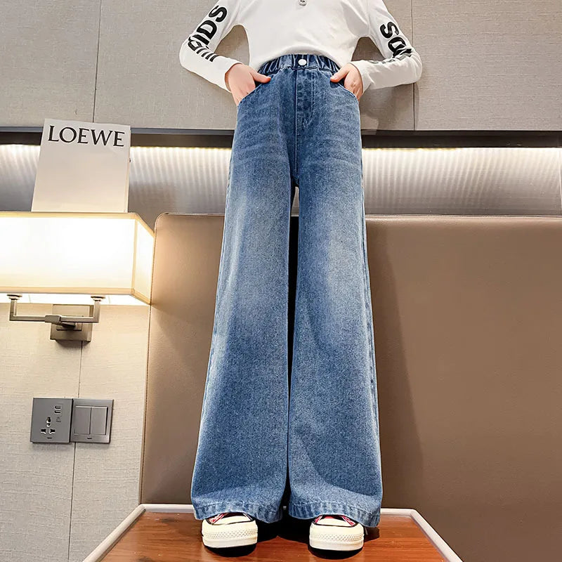 Wide Leg Jeans for Girls 6 8 9 10 11 12 14 Years Spring Autumn Loose Vintage Straight Retro Pants Fashion Teenage Kids Trousers