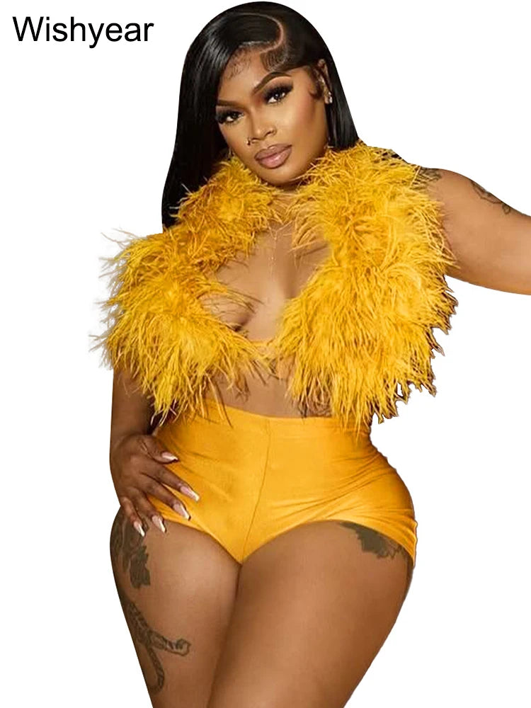 Sexy Night Club 2 Piece Pants Set Women Summer Furs Halter Tank Tops and Tight Stretch Shorts Hot Girls Midnight Party Suits y2k
