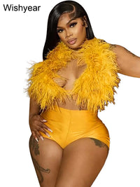 Sexy Night Club 2 Piece Pants Set Women Summer Furs Halter Tank Tops and Tight Stretch Shorts Hot Girls Midnight Party Suits y2k